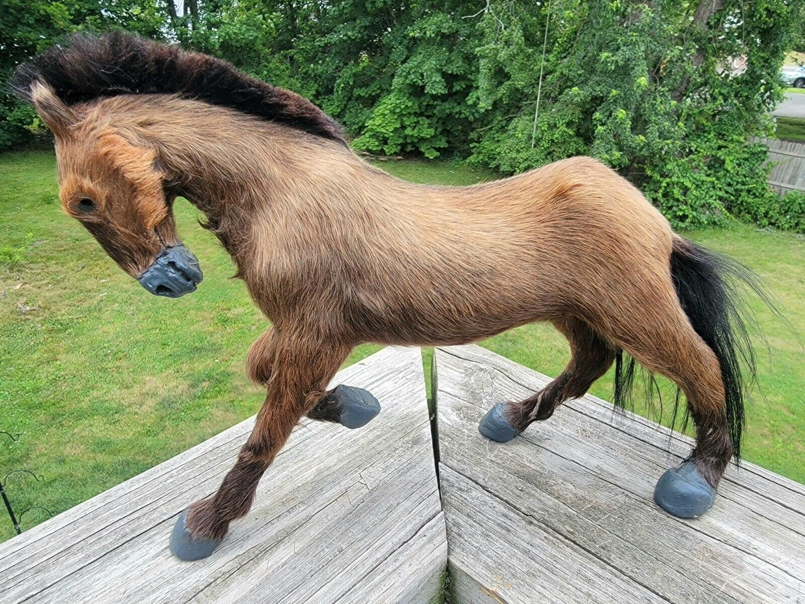Vintage Horse Figure Made Covered With Real Natural Fur Hair 10” Figurine Brown