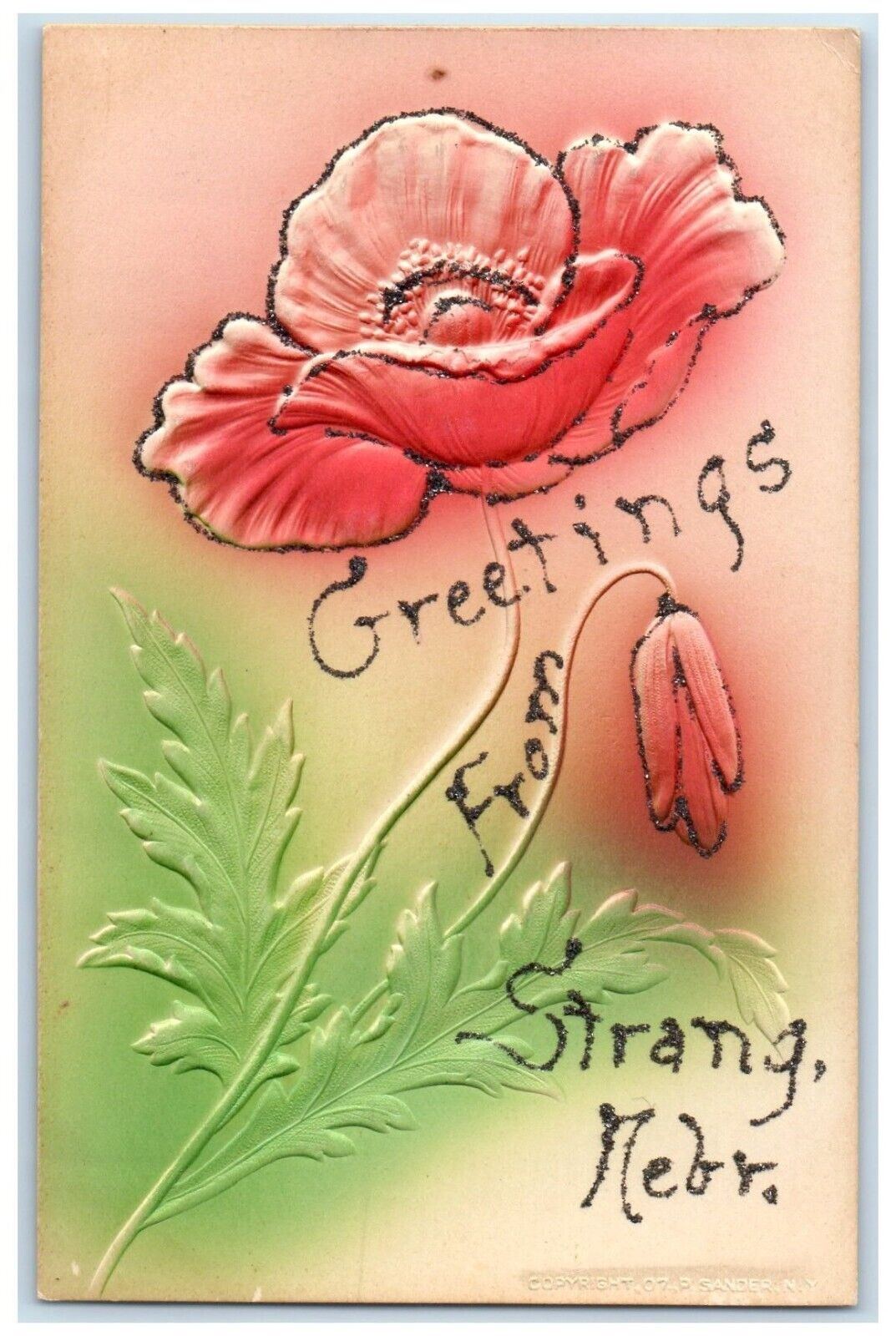 c1910 Greetings From Flower Embossed Glitter Strang Nebraska NE Vintage Postcard