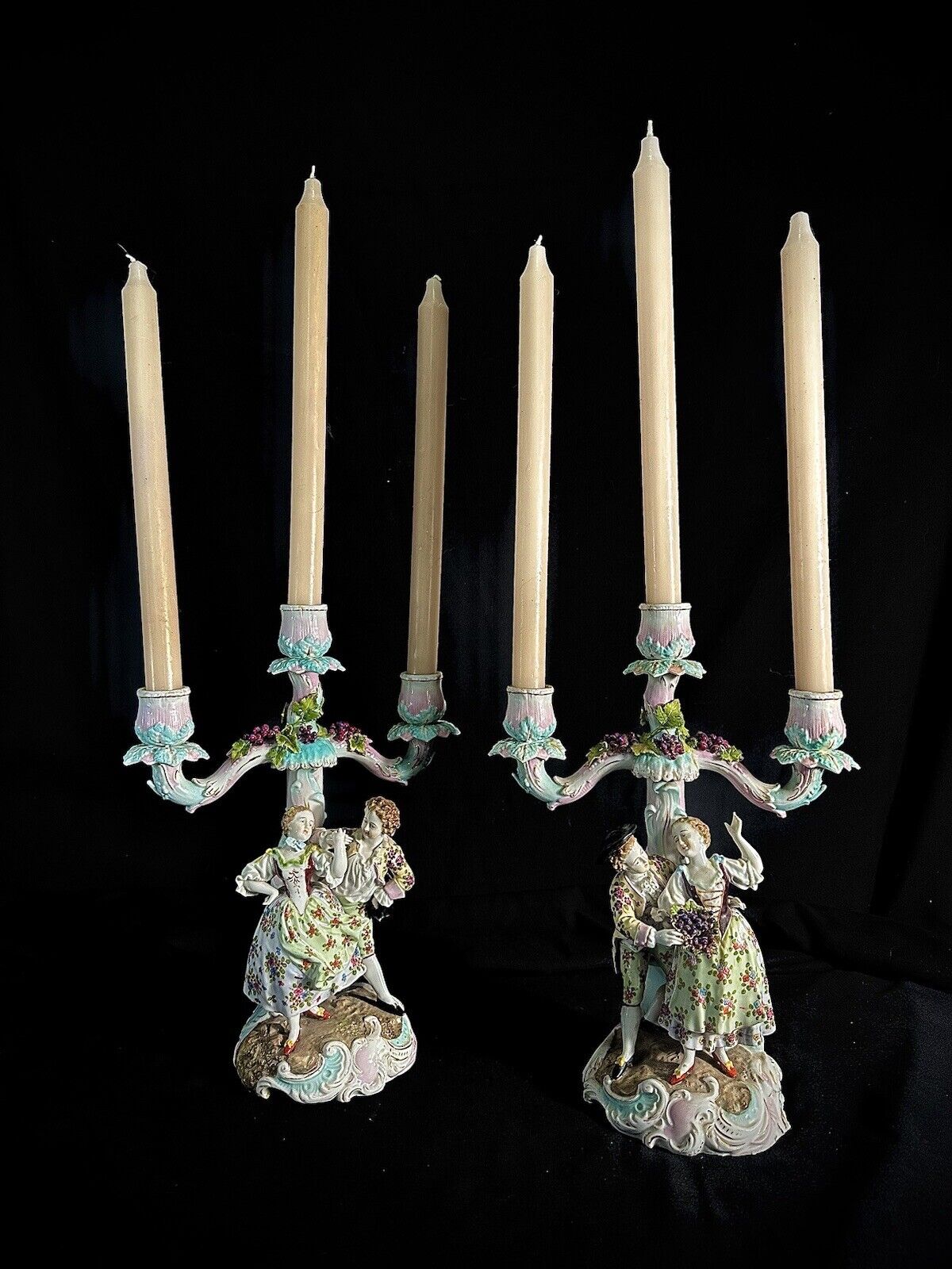 Antique Rococo R.Eckert Volkstedt Pair of Candelabras & Candles 10”H Marked