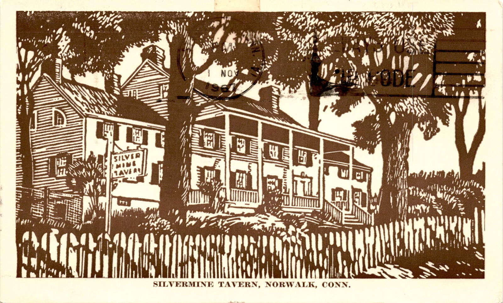 Vintage postcard Silvermine Tavern Norwalk CT 1867 message