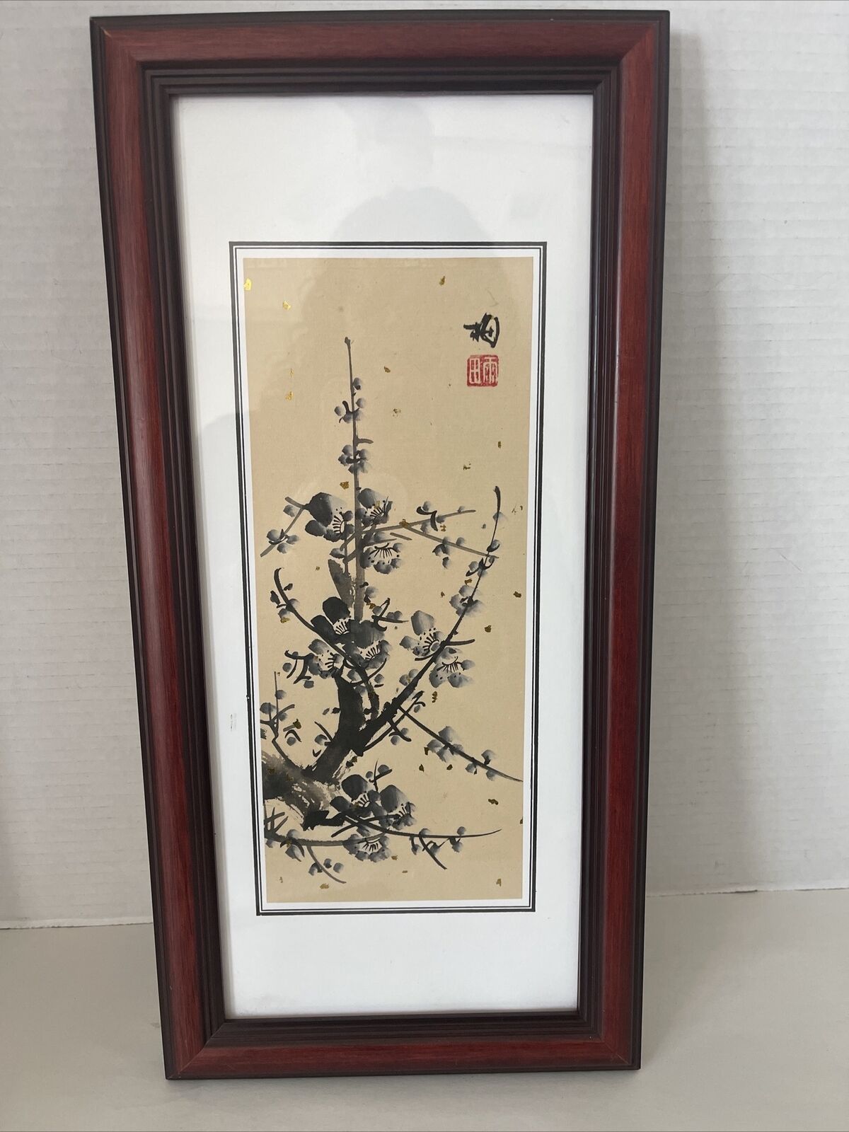 Vintage Cherry Blossom Painting Chinese Flowers Artist Seal Framed 16x7.5”