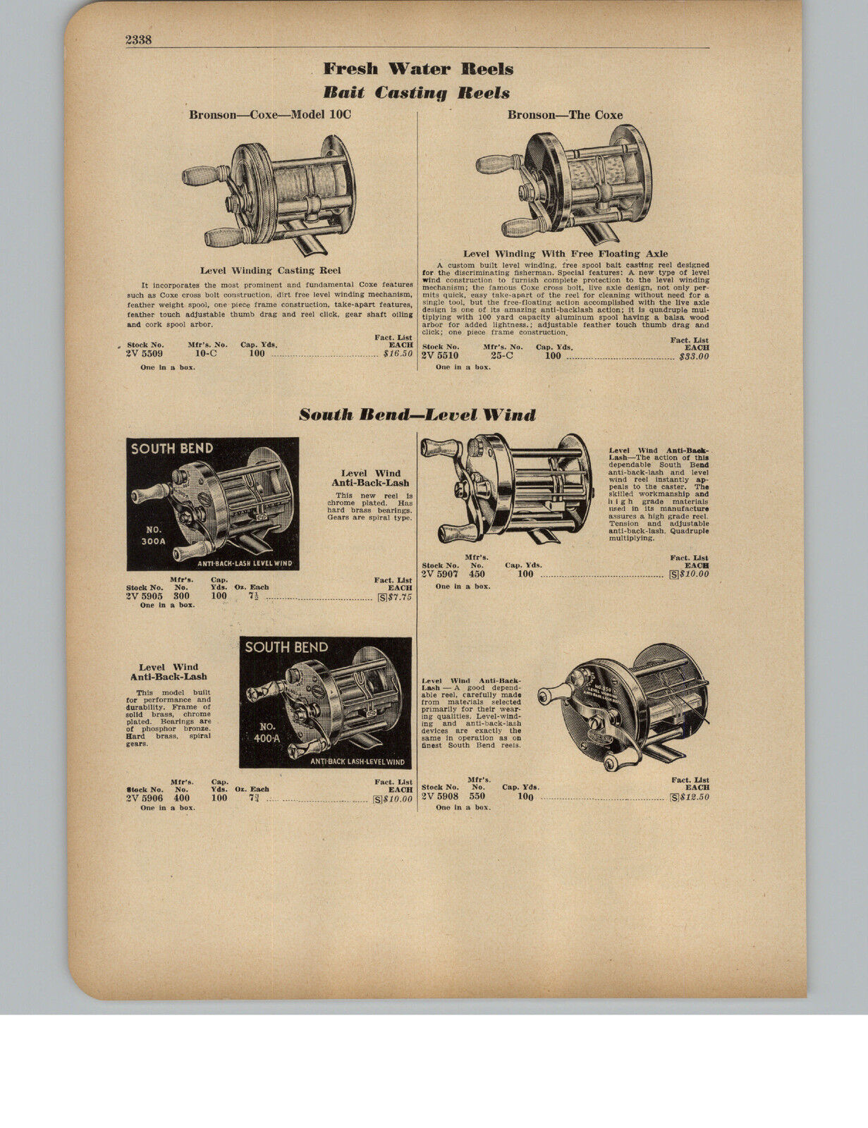 1951 PAPER AD Bronson The Coxe Fishing Reel South Bend Level Wind Lightweight