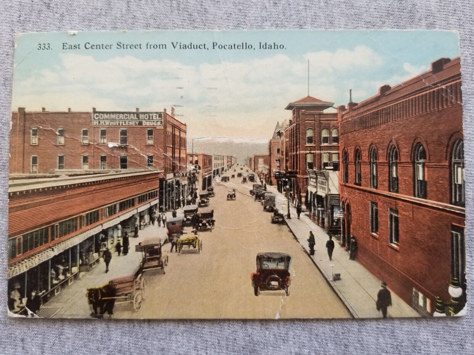 Pocatello ID East Center Street View Vtg Postcard Commercial Hotel Horse & Wagon