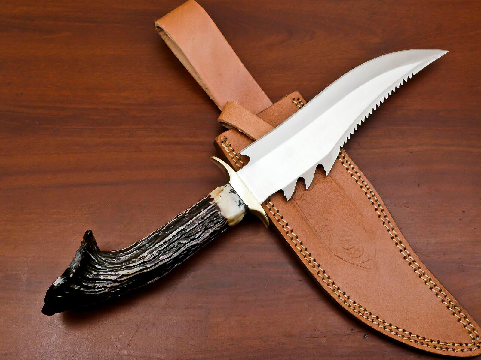 CUSTOM HAND FORGED D2 BLADE BOWIE HUNTING KNIFE - ARTIFICIAL STAG CROWN ANTLER
