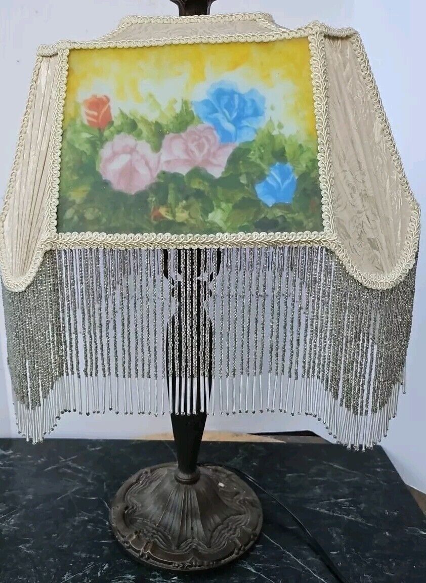Meyda Tiffany Reverse Paint Roses Table Lamp Beaded Fringe Victorian   24x15x11