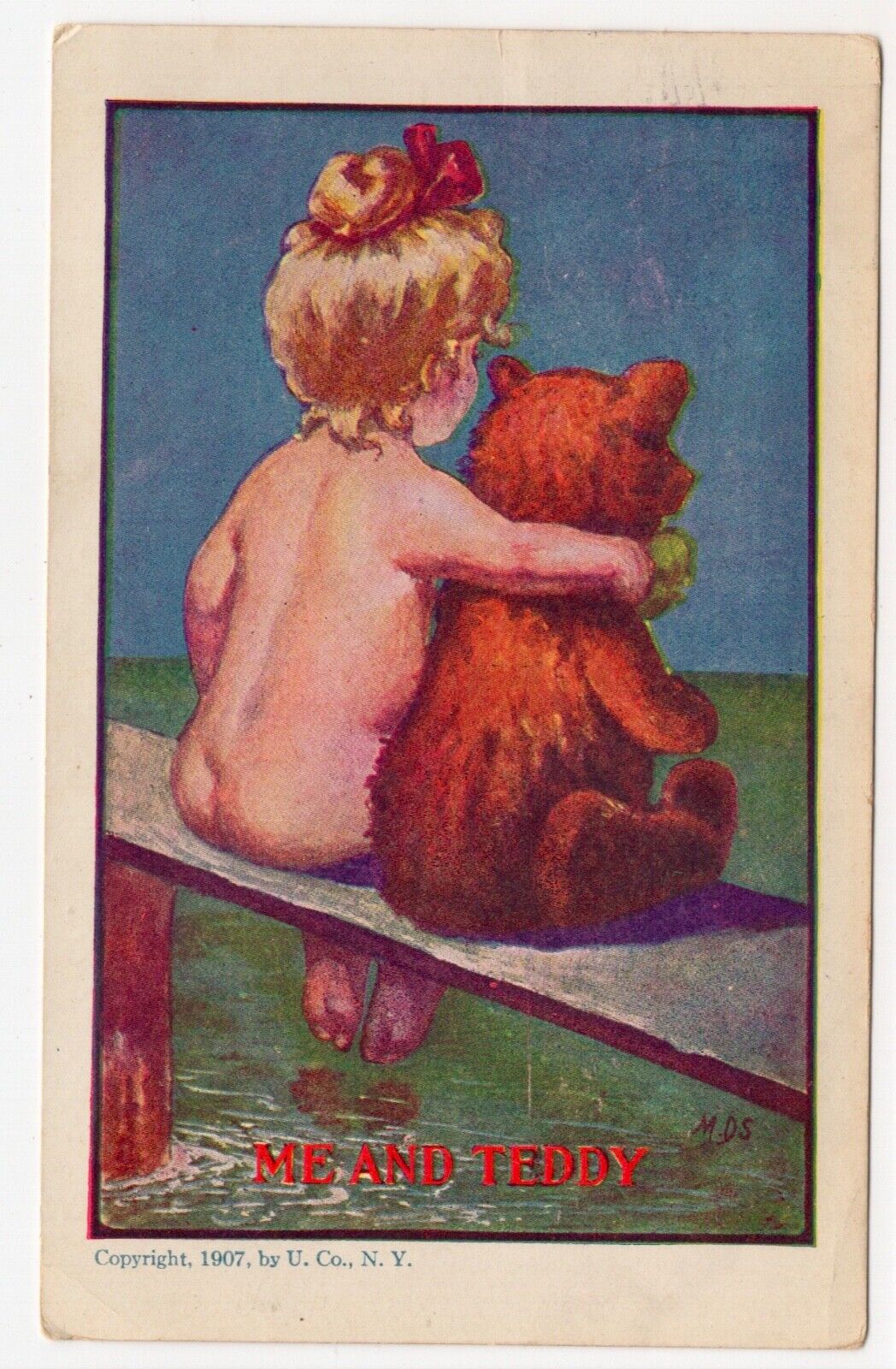 Vintage Postcard ME AND TEDDY Bear Ullman Artist Signed MDS Child Girl Hug