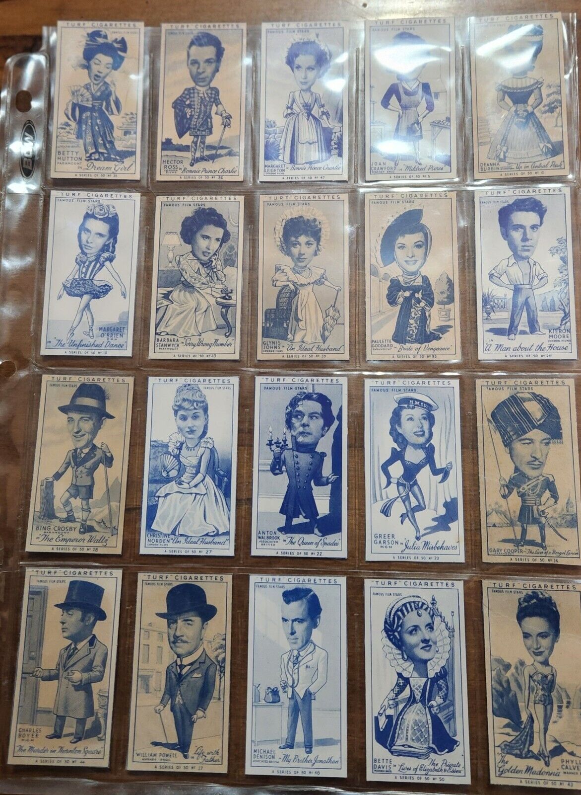 1949 turf cigarette, 20 cards lot includes Bette Davis, Joan Crawford very rare.