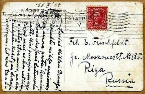US Sc 319 1908 Greetings Postcard to Latvia w/New York Station X Cancel
