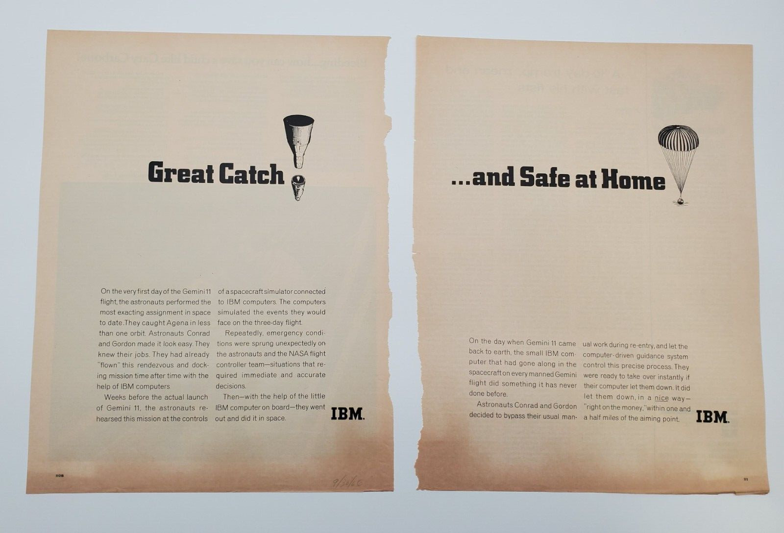 1966 IBM Gemini 11 NASA Astronaut Space Rocket Print Ad, 2 Pages 10.5x13.5 Each