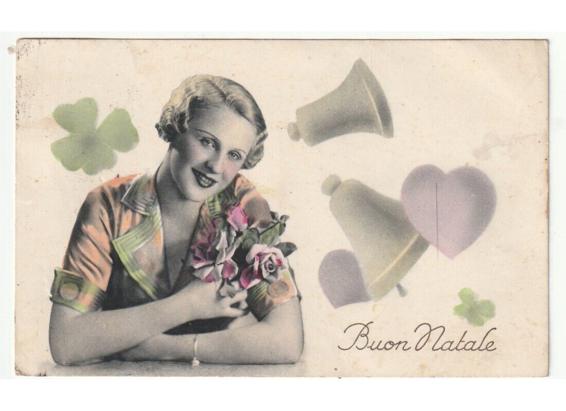 1942 Christmas Card D\'Epoca Female Girl Rose Bells Heart Leaf Clover