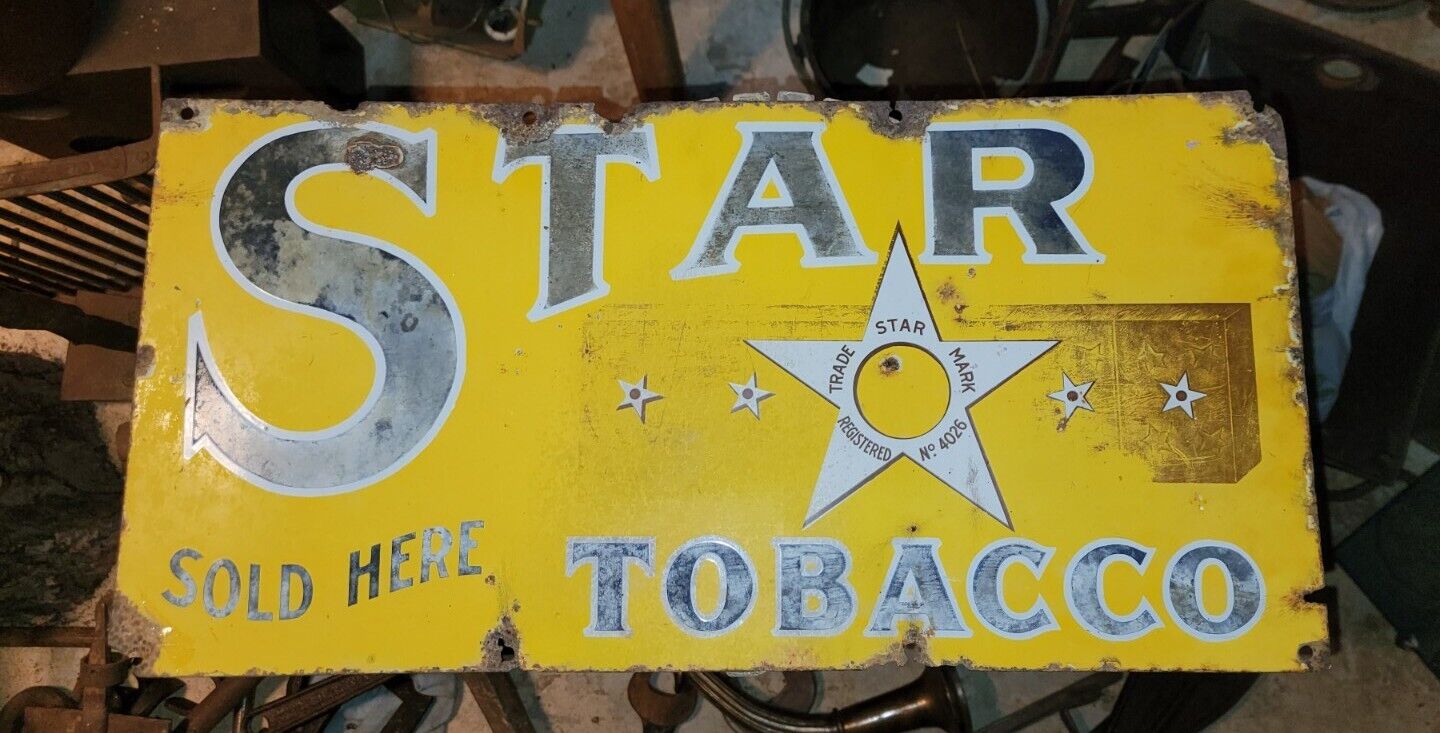 Antique Original Star Tobacco Sold Here Porcelain Enamel Sign, 24 X 12 Inches