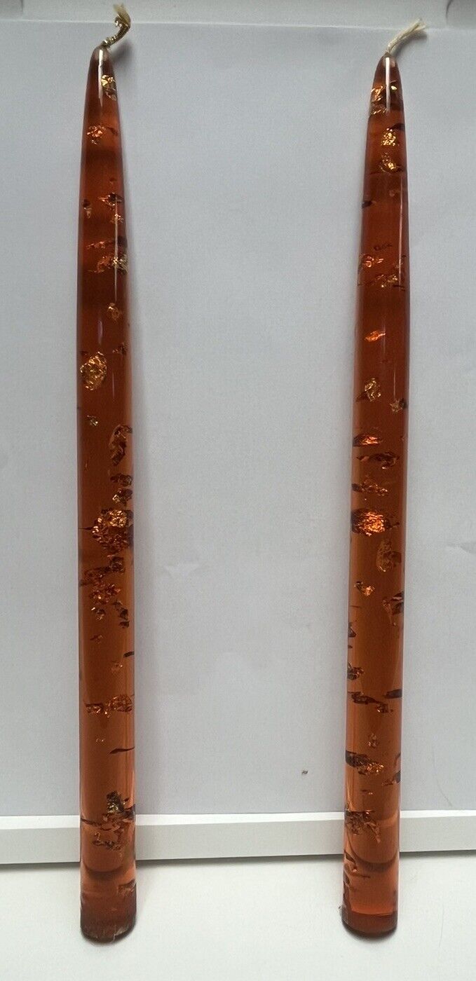 Vintage MCM Lucite Acrylic Orange w/ Gold Fleck Candlesticks Set of 2  12