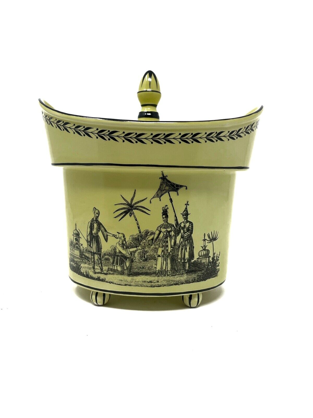 Vintage Mottahedeh Creil Yellow/Black Porcelain 7” Scoop Lidded Footed Urn Italy