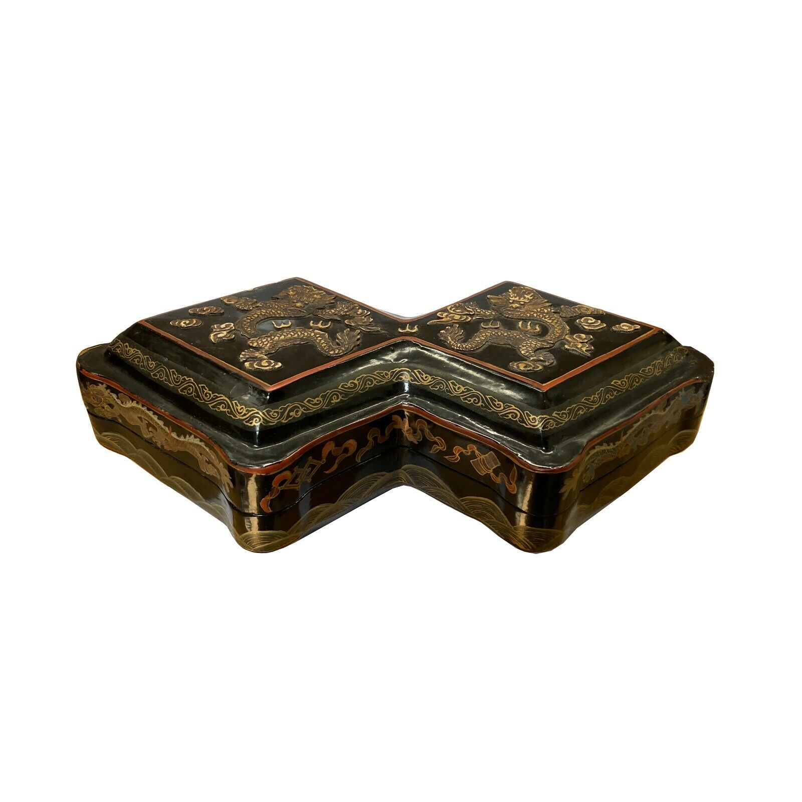 Chinese Distressed Black Lacquer Double Rhombus Dragons Box ws2023