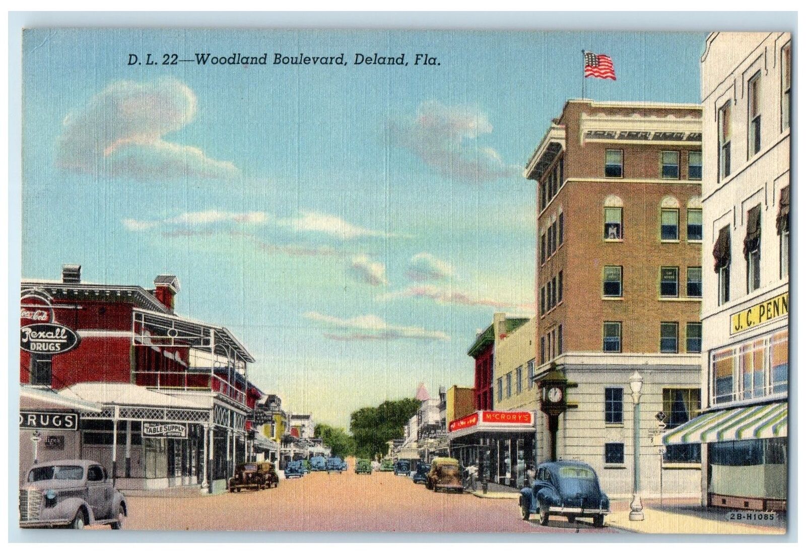 c1940\'s Woodland Boulevard Street Classic Car Drug Store Deland Florida Postcard