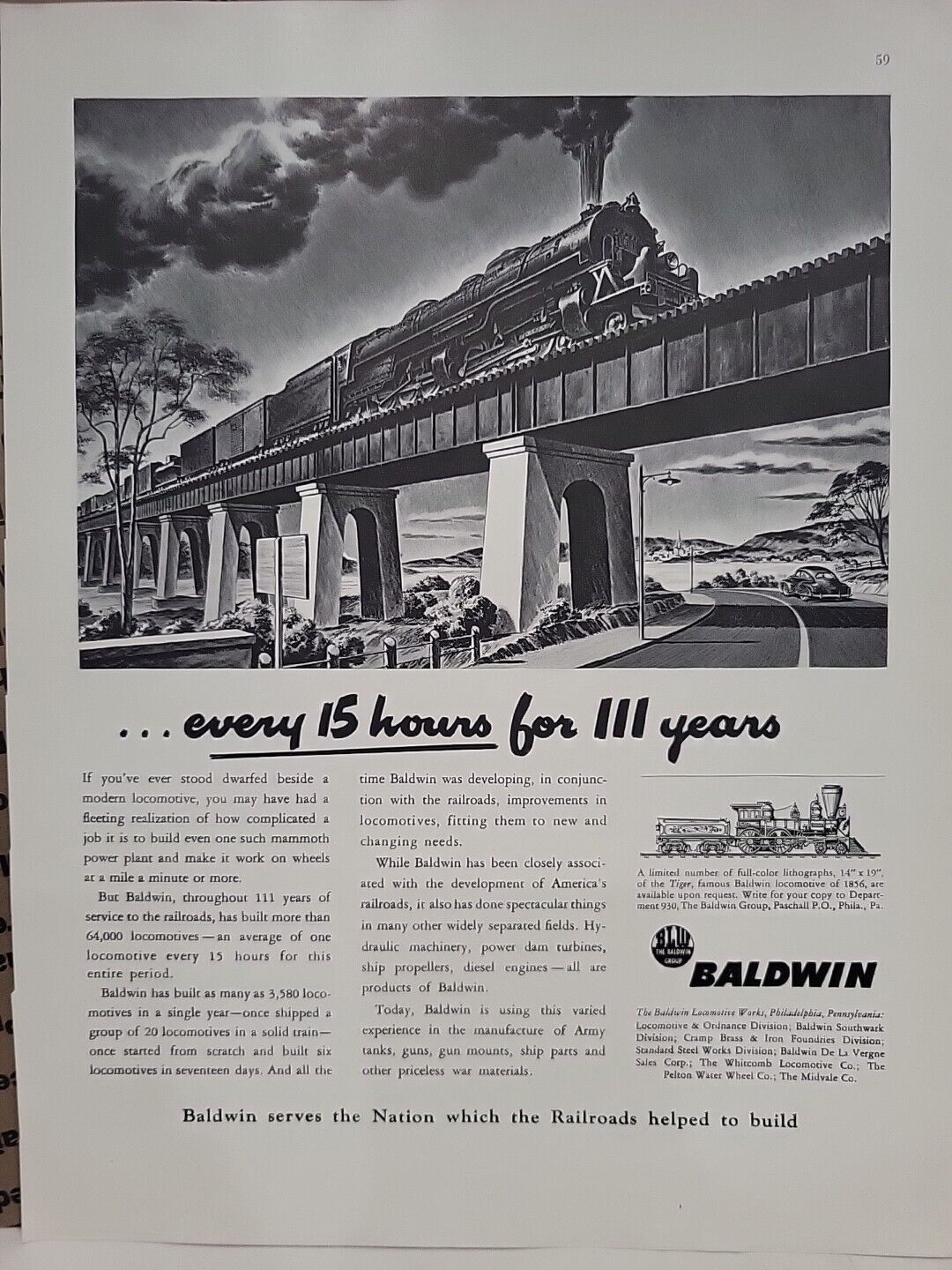 1942 Baldwin Locomotive Works  Fortune WW2 Print Ad Q3 Railroad Trains Bridge