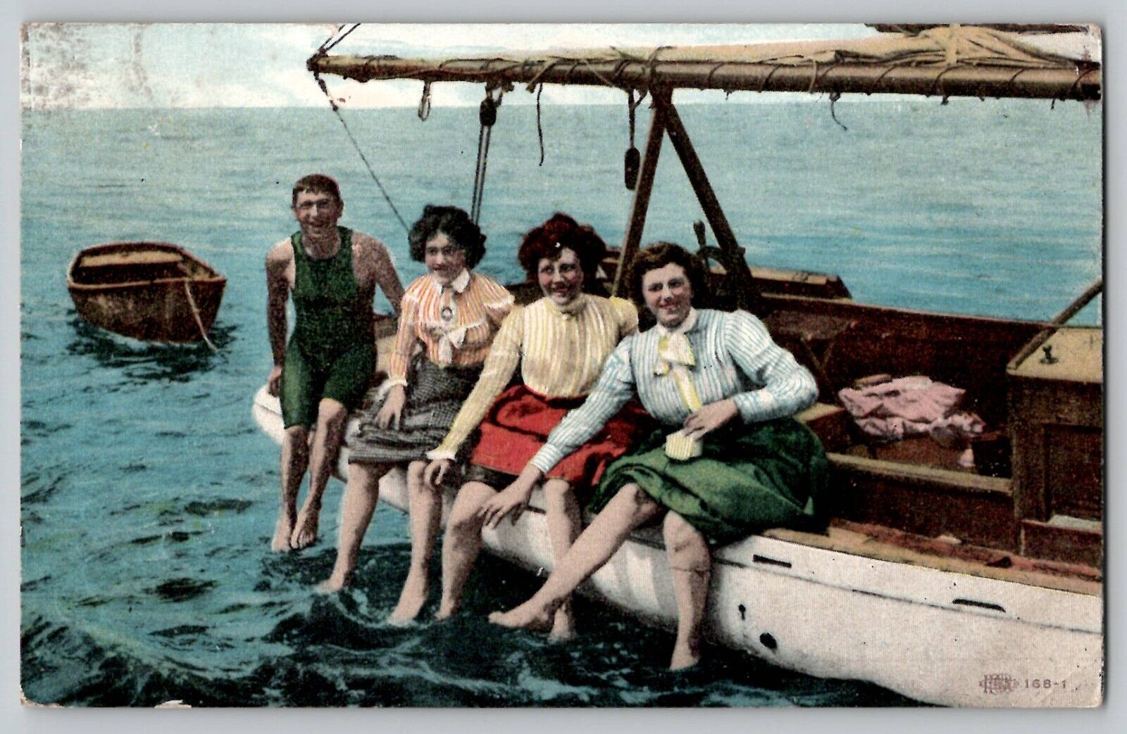 Pretty Ladies Sailboat Vtg Antique Postcard  1910\'s Bathing Beauty Wading Feet