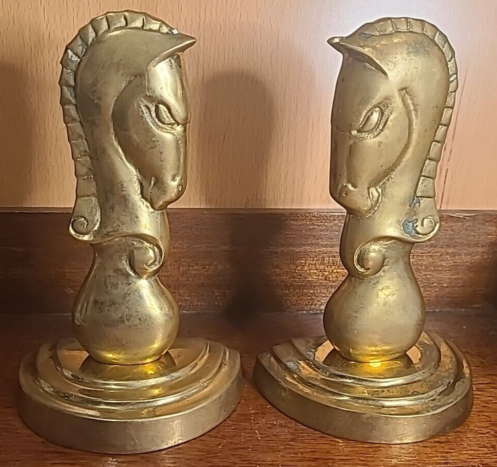 Vintage MCM Mid-Century Solid Brass Bookends - Chess Knight - Horse Head