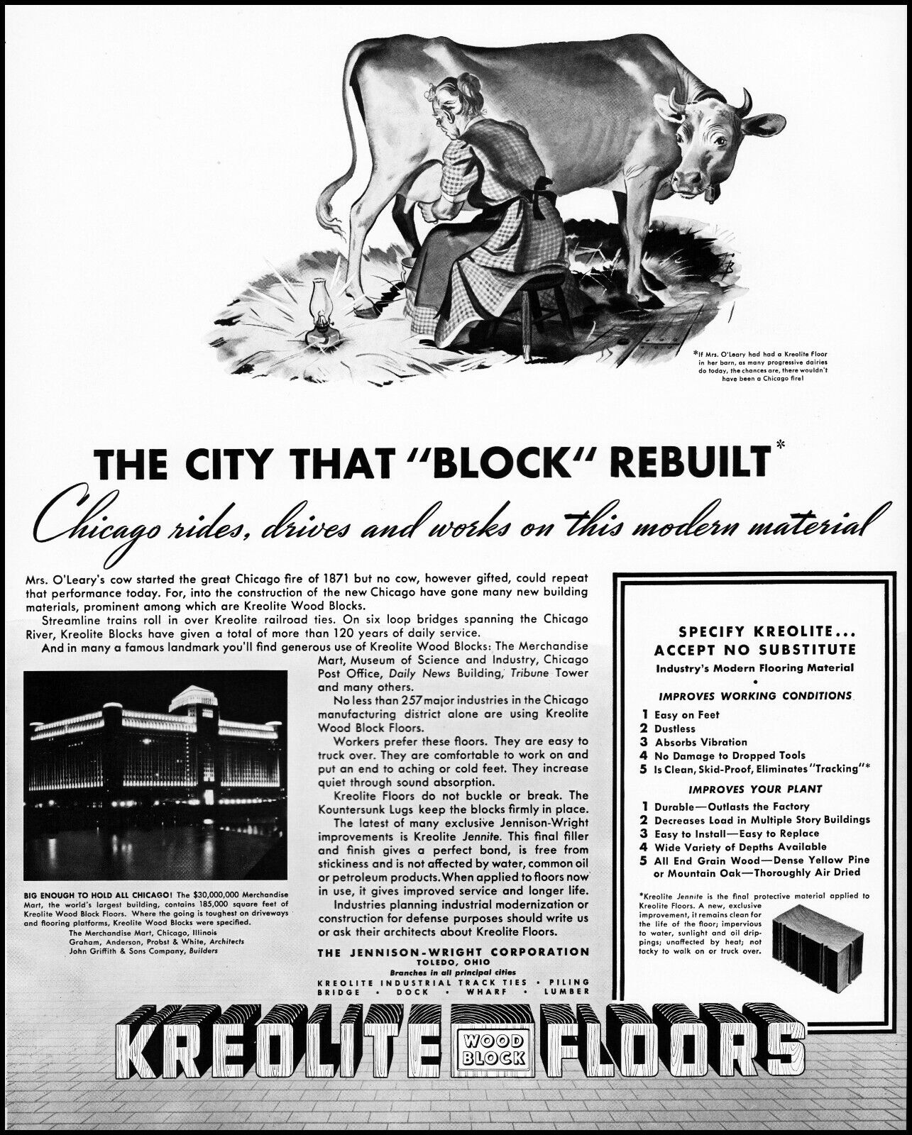 1941 Mrs. O\'Leary milking her Cow Chicago Kreolite Floors retro art print ad XL4