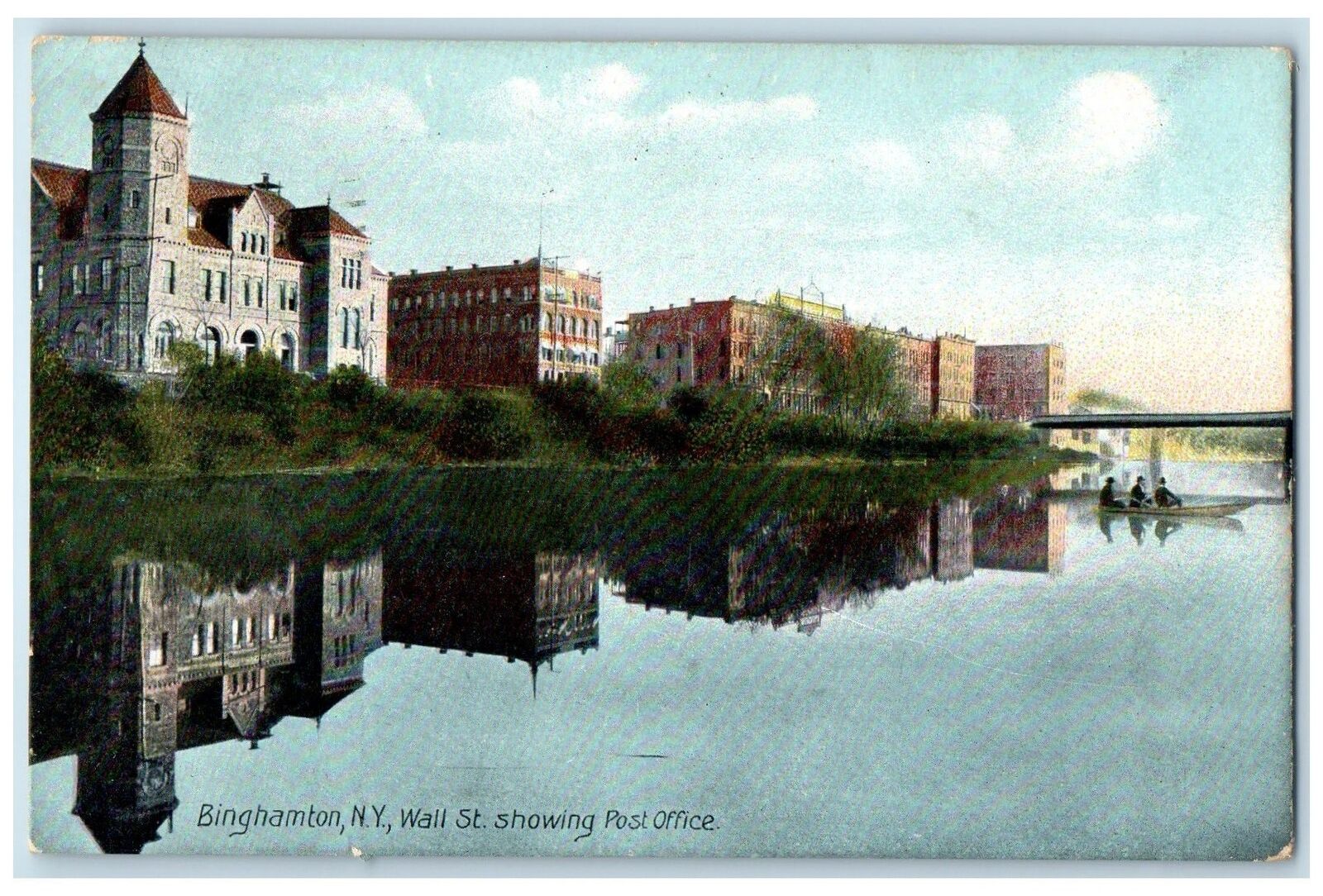 1908 Wall Street Showing Post Office Building Lake Binghamton New York Postcard