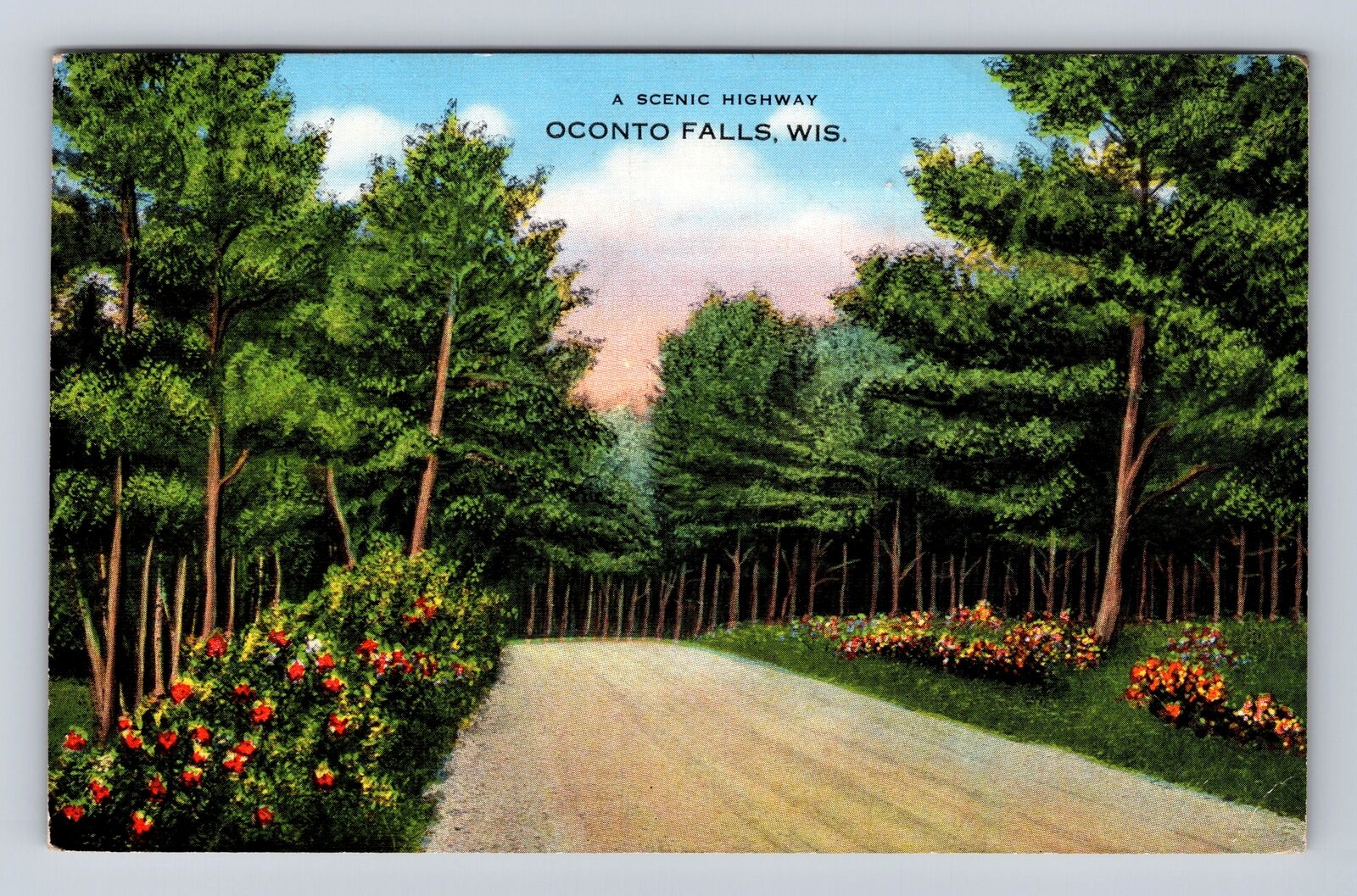 Oconto Falls WI-Wisconsin, Scenic Treelined Highway, Vintage 1940\'s Postcard