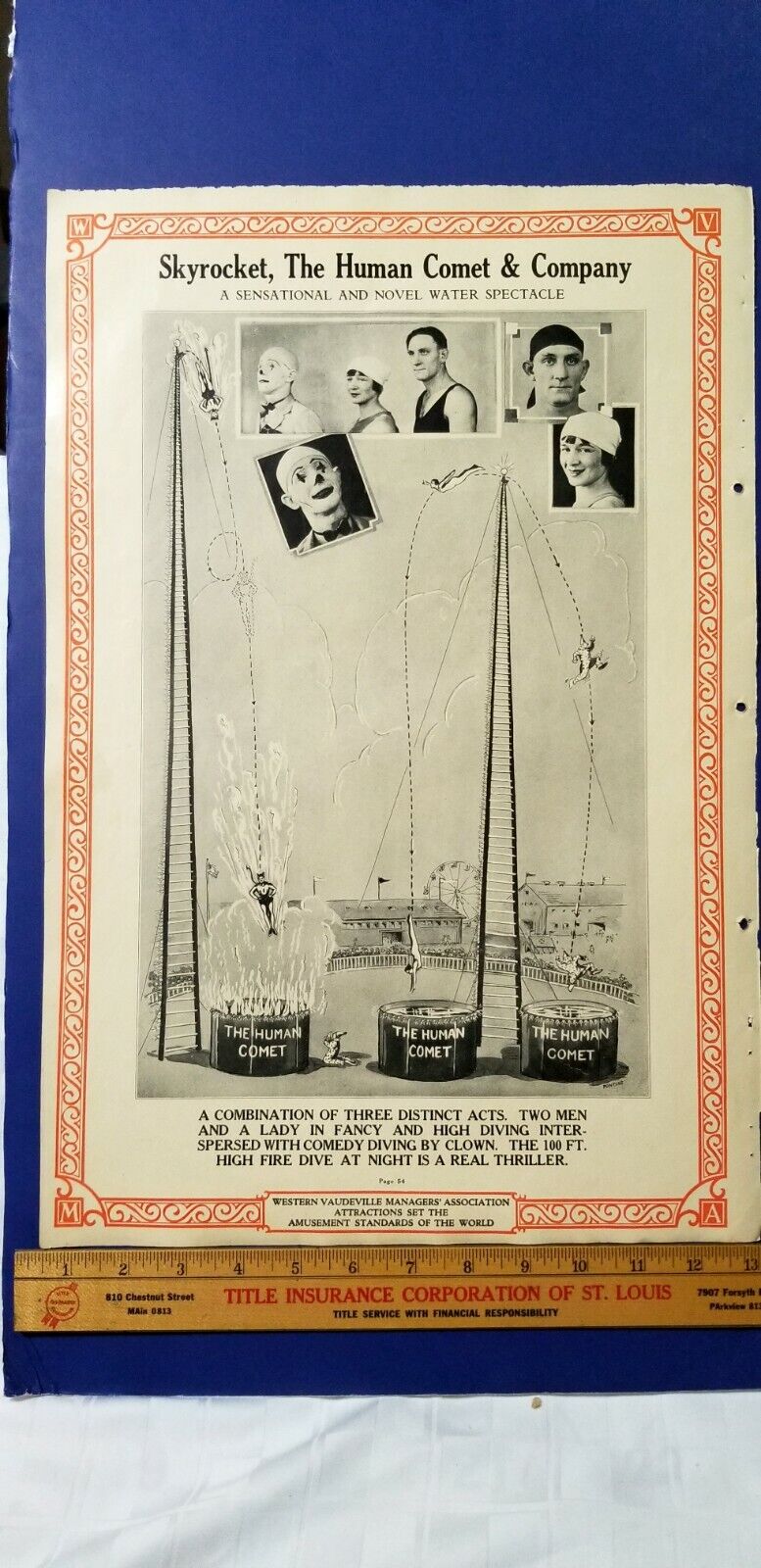 Antique 1926 Vaudeville Act Poster SKYROCKET THE HUMAN COMET High Diving Act B6