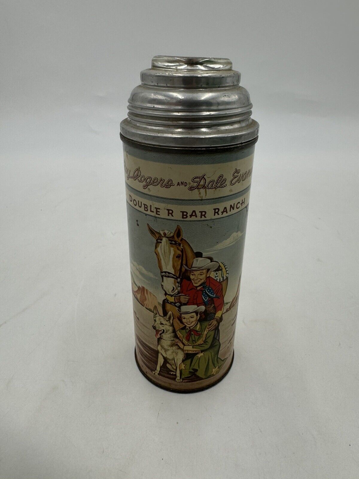 VTG Roy Rogers Dale Evans Double R Bar Ranch Metal Thermos 1950s No Cap