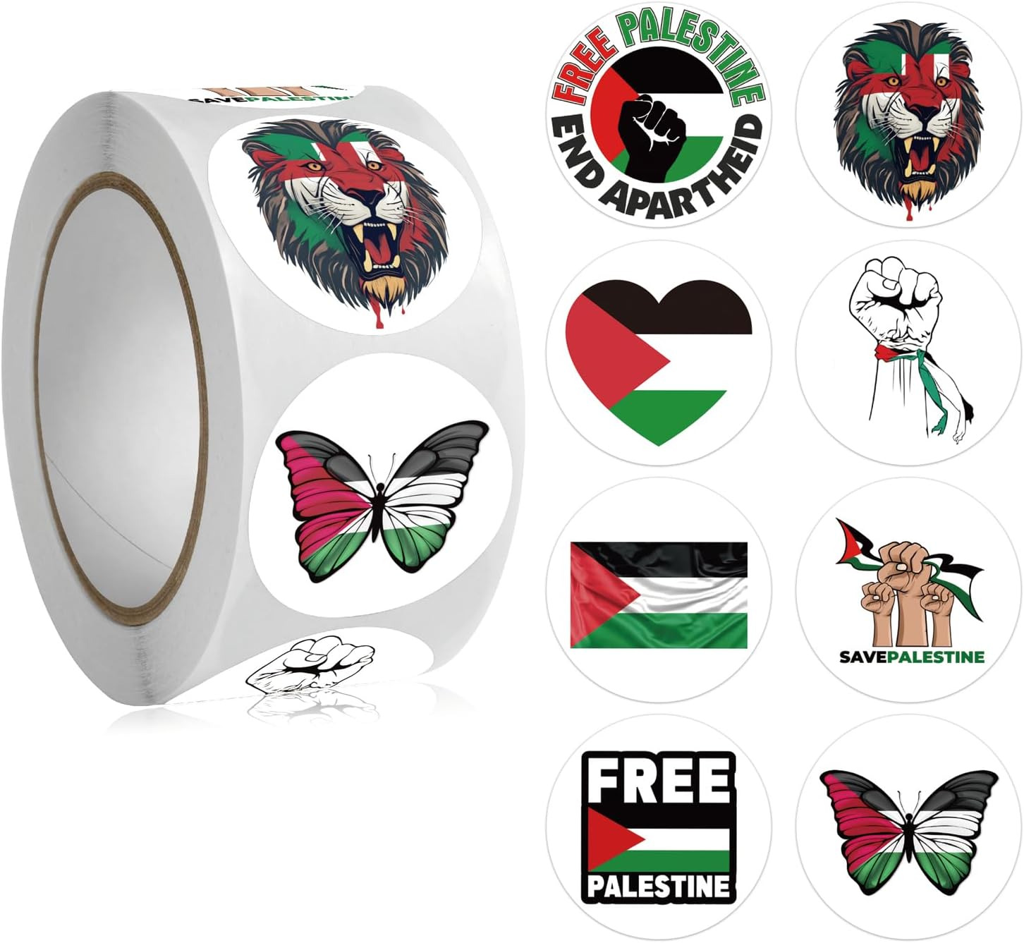 500Pcs Free Palestine Stickers Roll - 8 Freedom Stand with Palestine Flags Decal