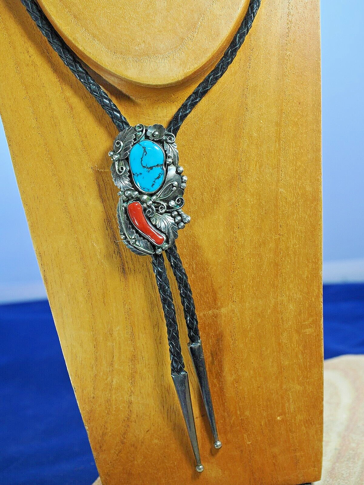 Vintage Native American Bolo Tie, with Turquoise and Coral in Sterling Silver