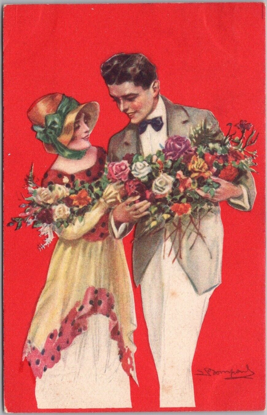 Romance Postcard Man Woman / Colorful Roses / Artist-Signed 1921 Belgian Cancel