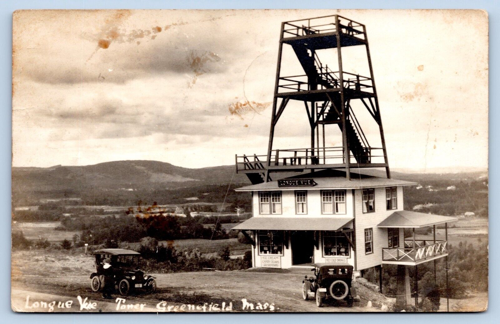 1923 RPPC GREENFIELD MASS LONGUE VUE TOWER long view gifts souvenirs ice cream