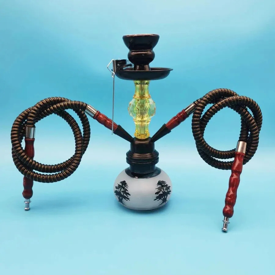Arabian 11in Imported Hookah Set Double Two Hose Ceramic Bowl Glass Water Pipe 