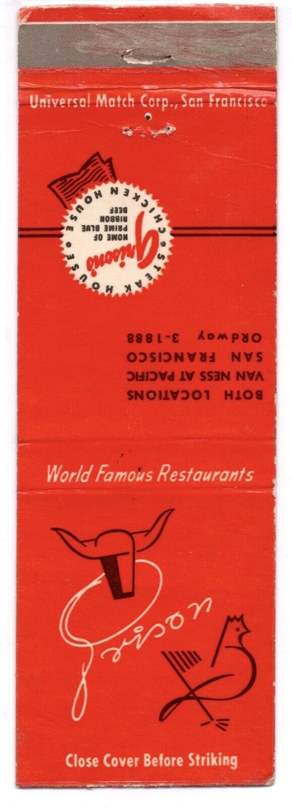 c1950s Grison’s Steak & Chicken House San Francisco CA Vintage Matchbook Cover