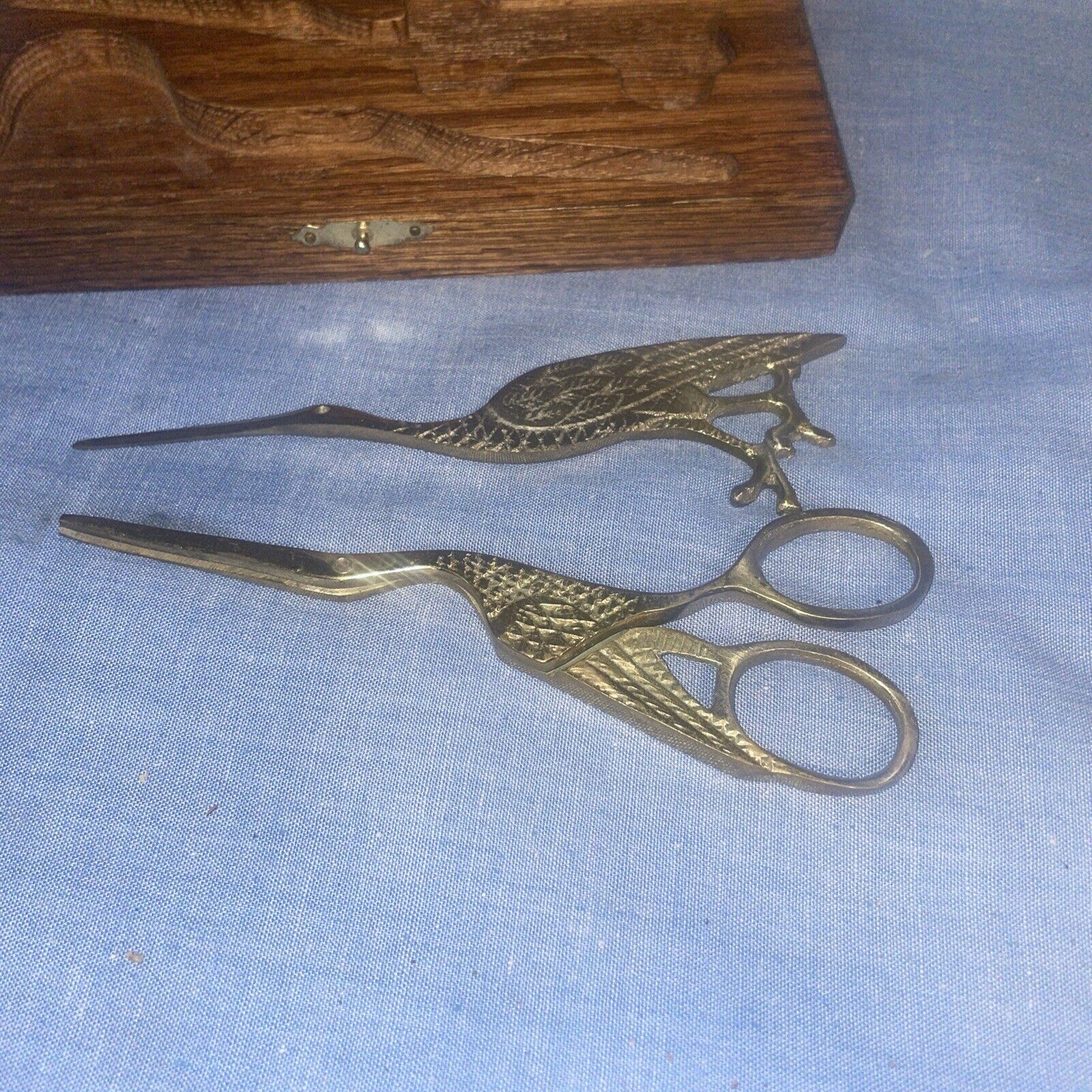 Rare unusual vintage/antique stork scissors and punch in wooden box
