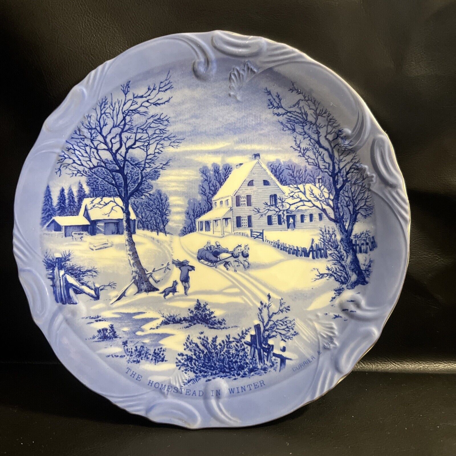 The Homestead in Winter Currier & Ives Blue and White Collector Plate 8”