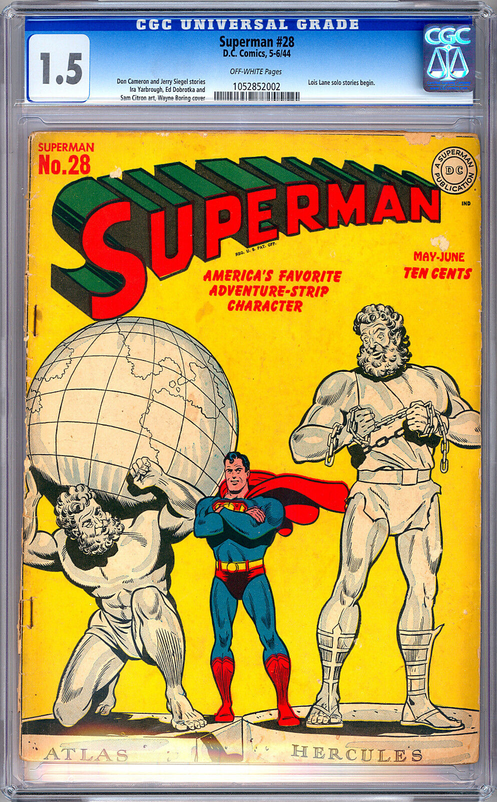 SUPERMAN #28 CGC 1.5 JERRY SIEGEL STORY WAYNE BORING COVER WWII GA CLASSIC 1944