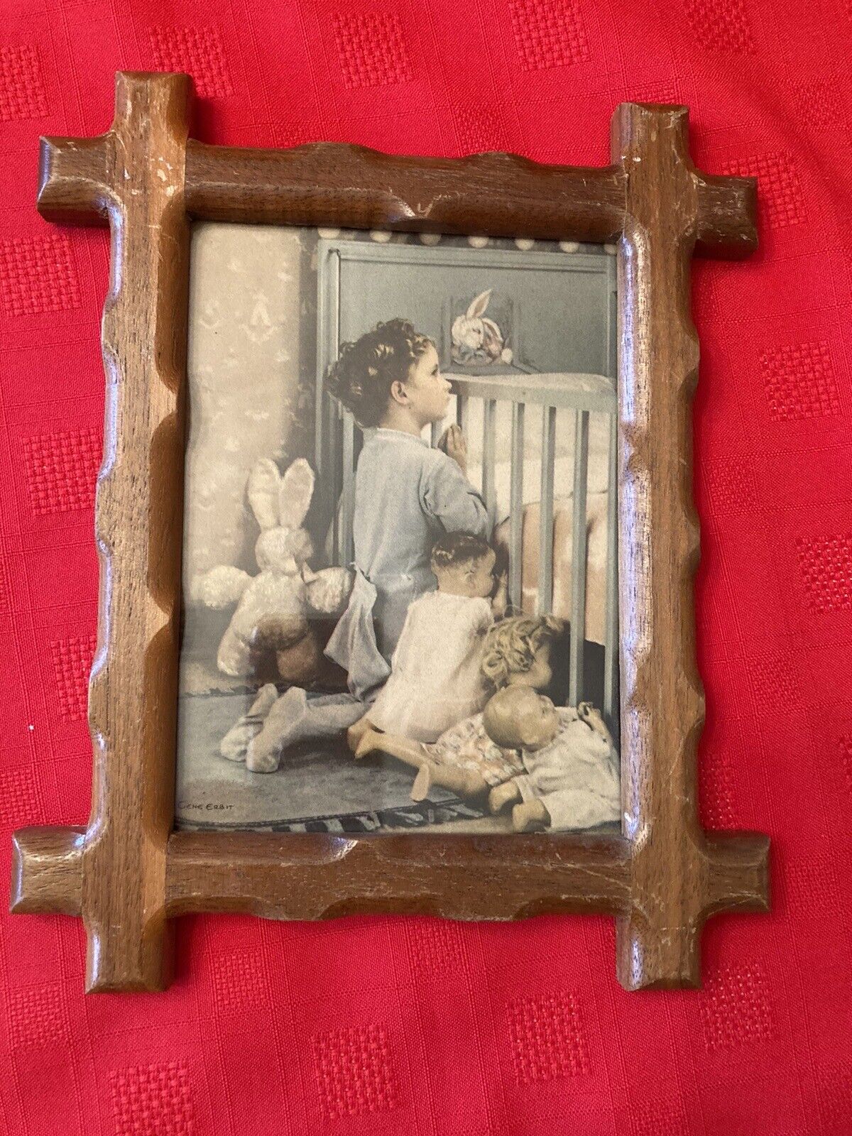Gene Erb Vintage framed photo print Child with dolls praying 9 1/2 x 8 frame