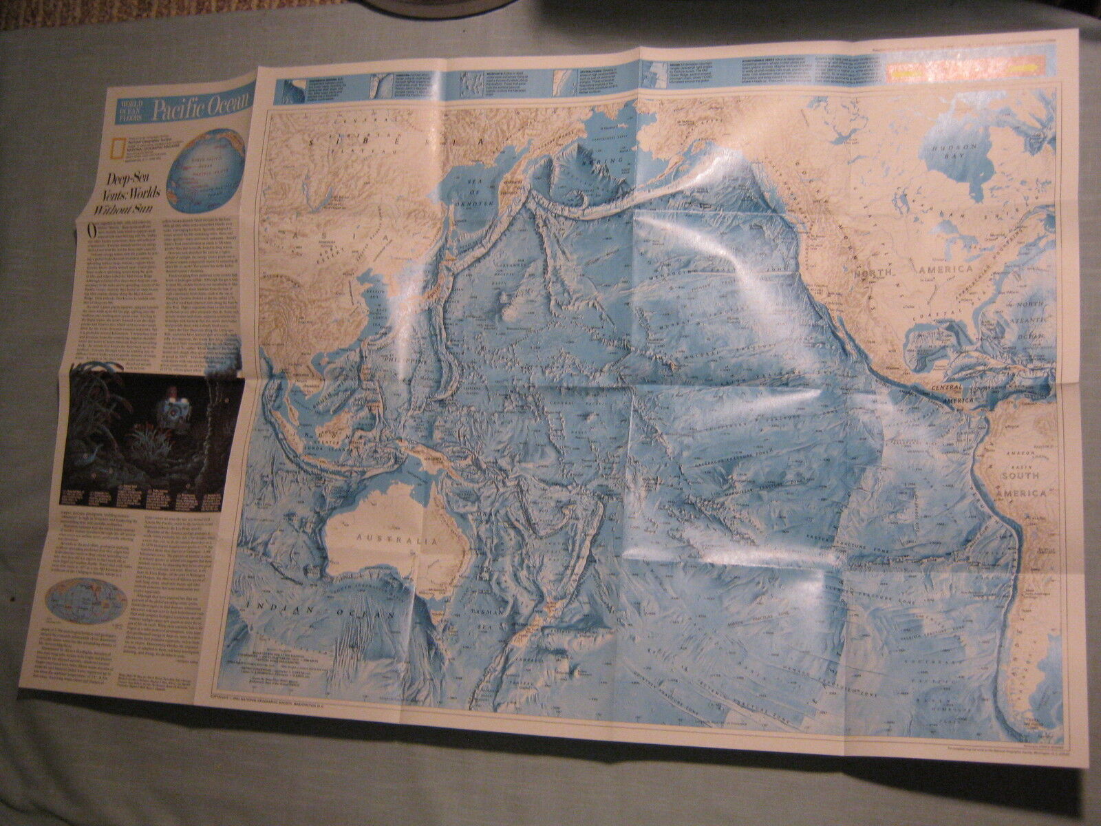 PACIFIC OCEAN + INDIAN OCEAN FLOOR MAP National Geographic June 1992