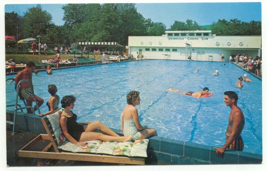Swan Lake NY Stevensville Lake Hotel Pool Vintage Postcard New York