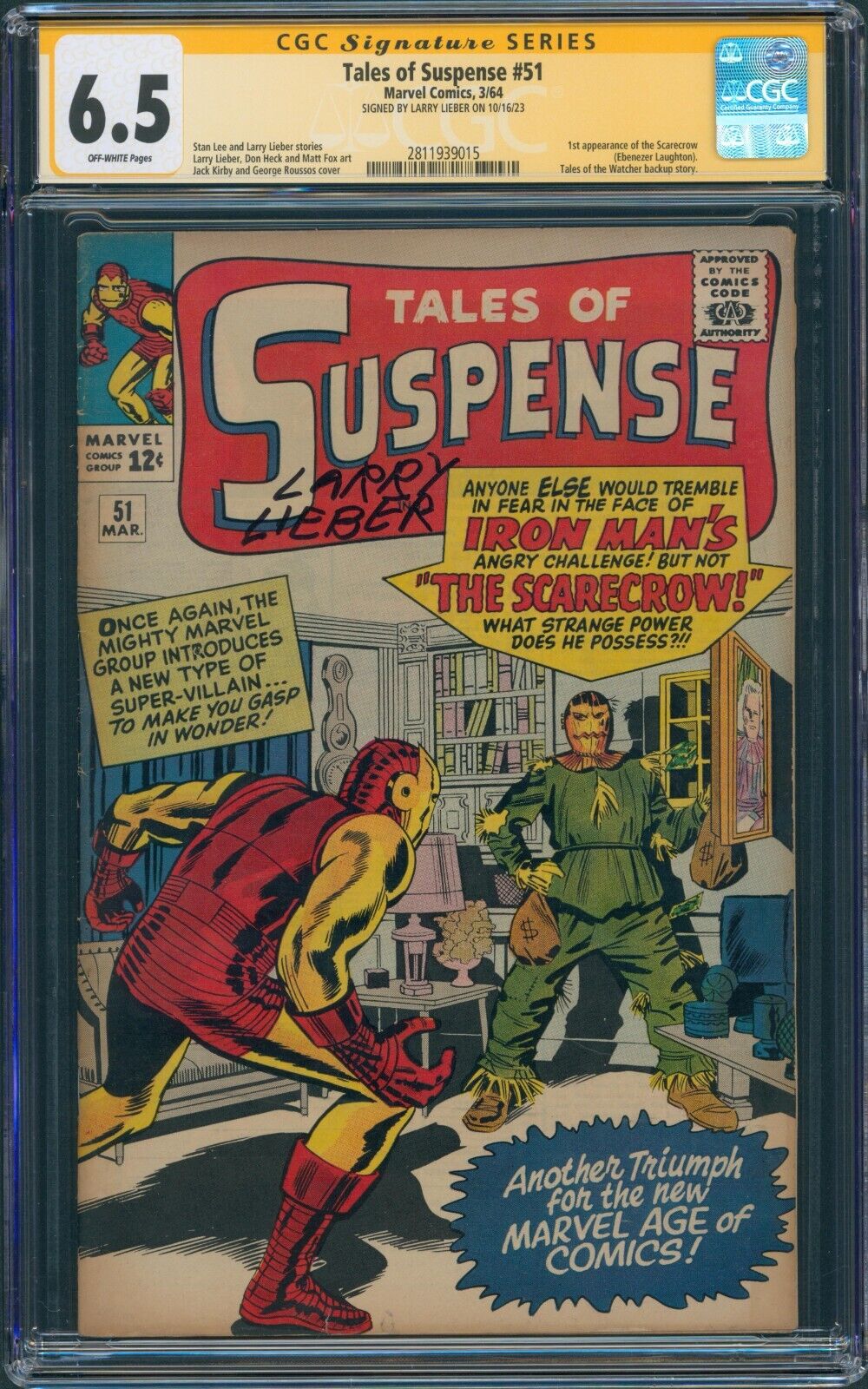 Tales of Suspense #51 1964 CGC 3.5 OWP SS Signed Larry Lieber 1st App Scarecrow