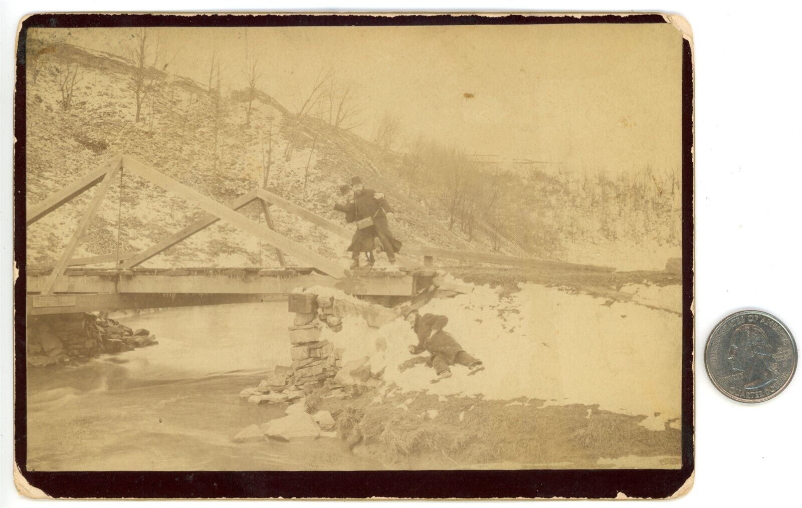 Cabinet Photo - PHOTOGRAPHER\'S FRIENDS HAVING SNOWBALL FIGHT - c1880s Photograph
