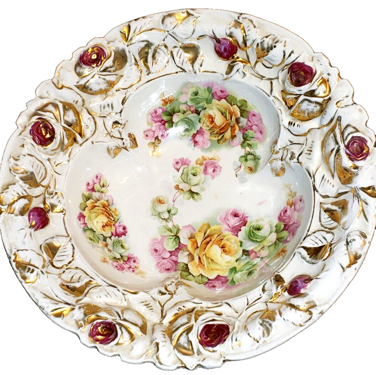Antique Porcelain  Germany Fruit Bowl Embossed Rose Rim Rose Design 11\