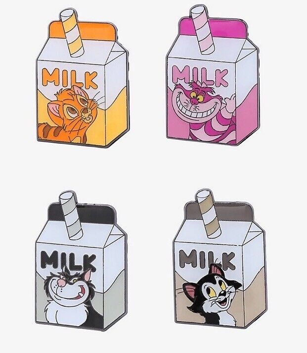 4 Disney Milk Carton Cartoon Pins Badges Cheshire Figaro Oliver Lucifer Cat