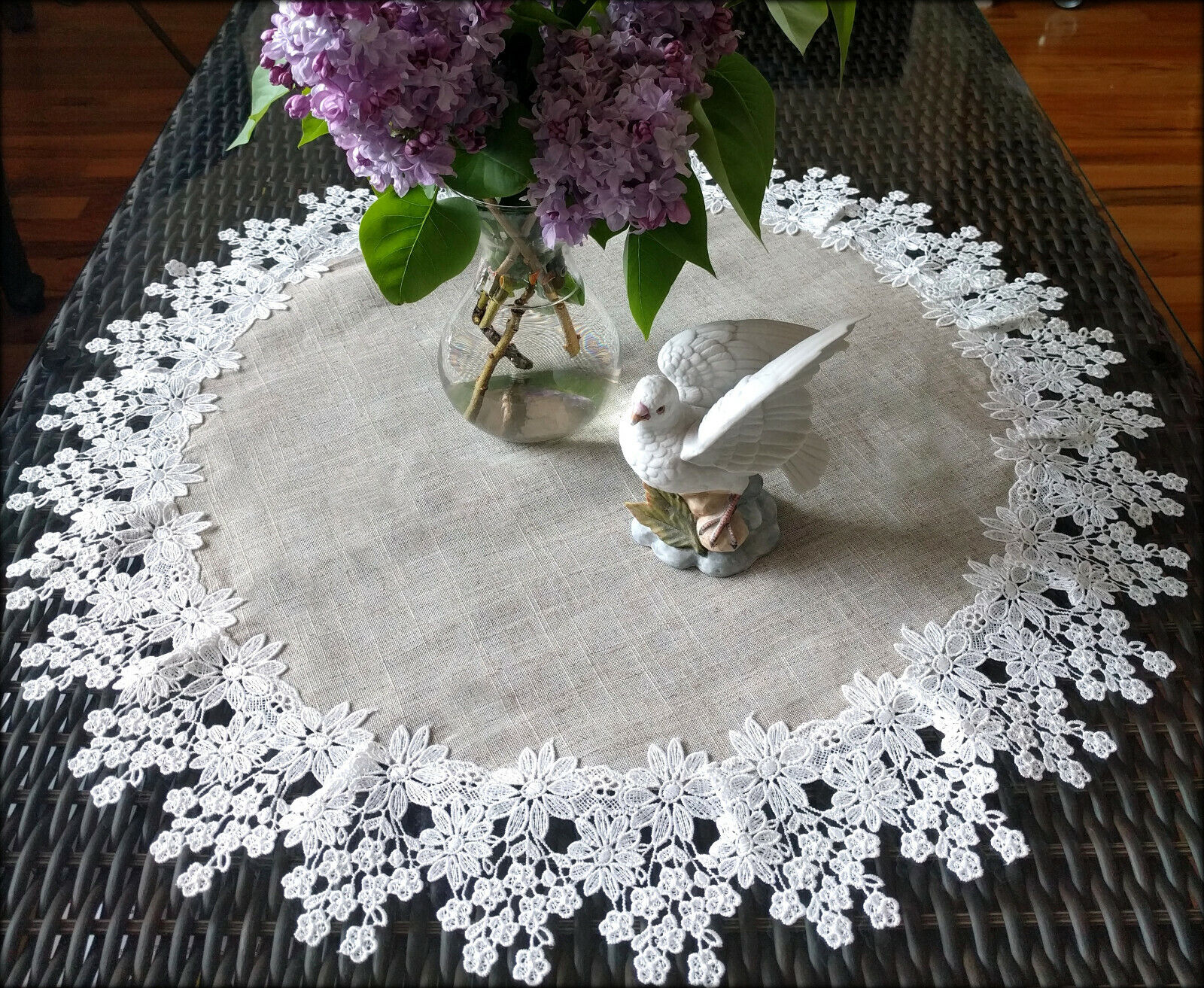 Doily 23 inch Flower Lace Table Topper Neutral Burlap Natural Floral Daisy 