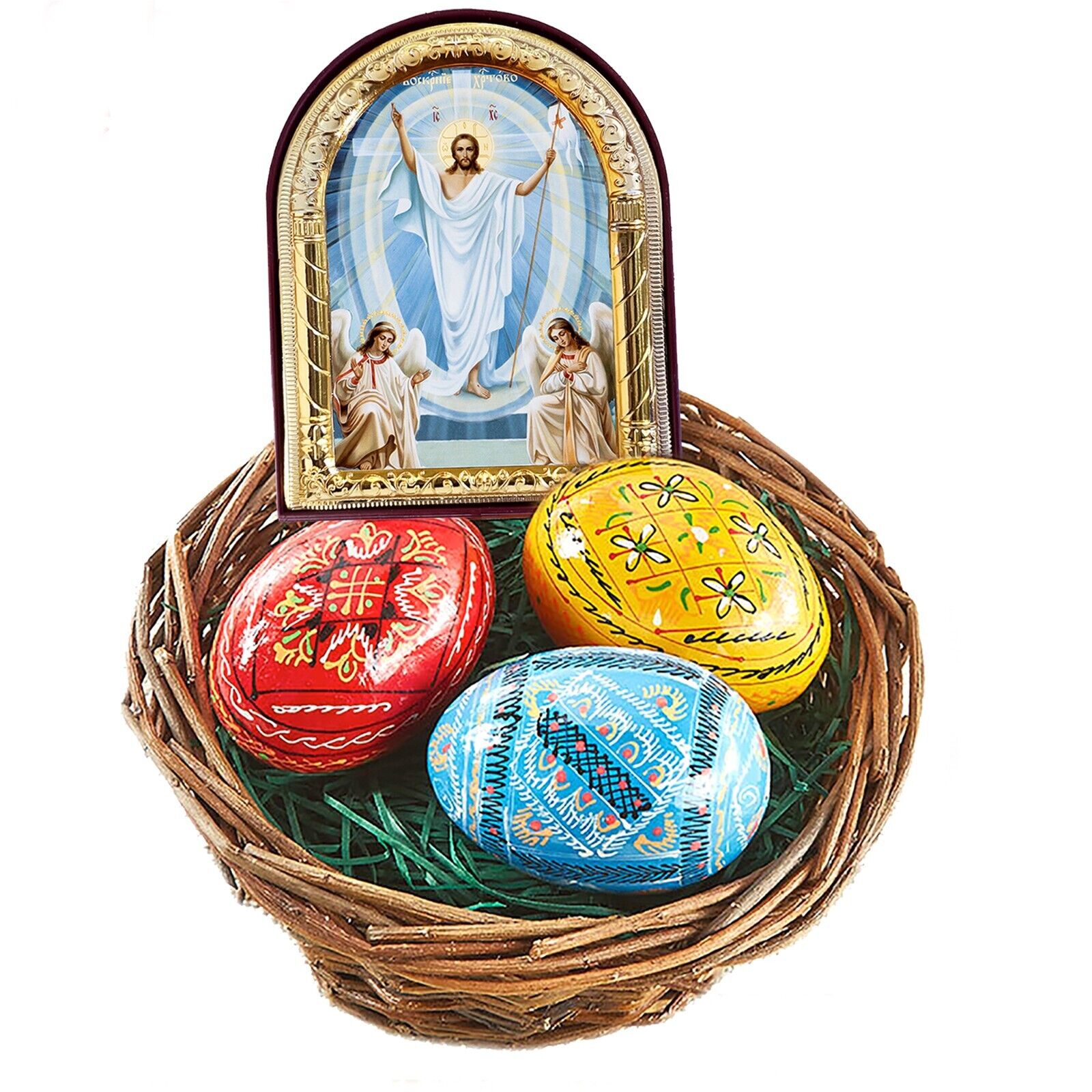 Easter Basket Pysanky Pysanki Ukrainian Wooden Eggs & RESURRECTION ICON CHRIST