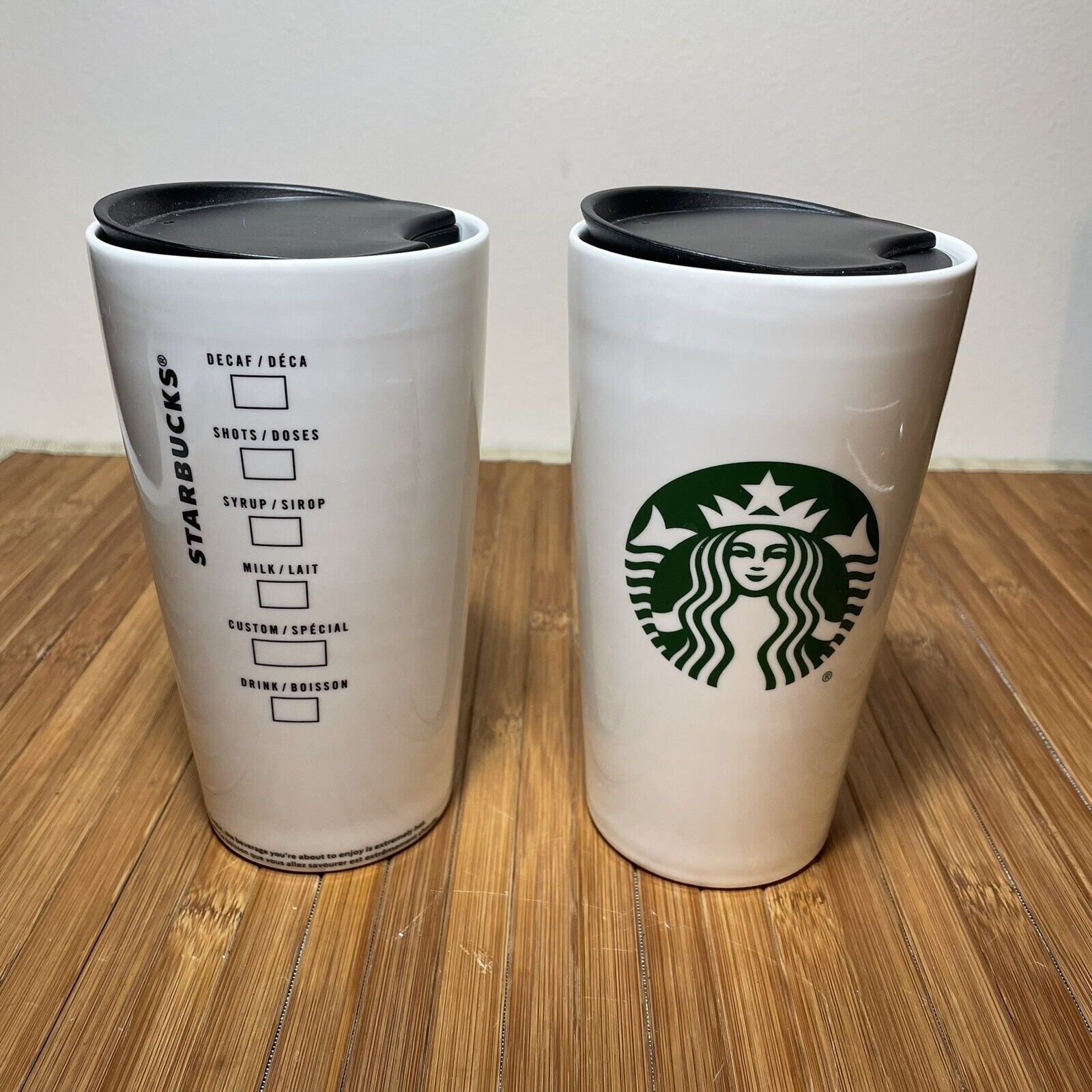Lot 2 x Starbucks Classic White & Green Ceramic Coffee Cup Mug Tumbler, 12 Oz