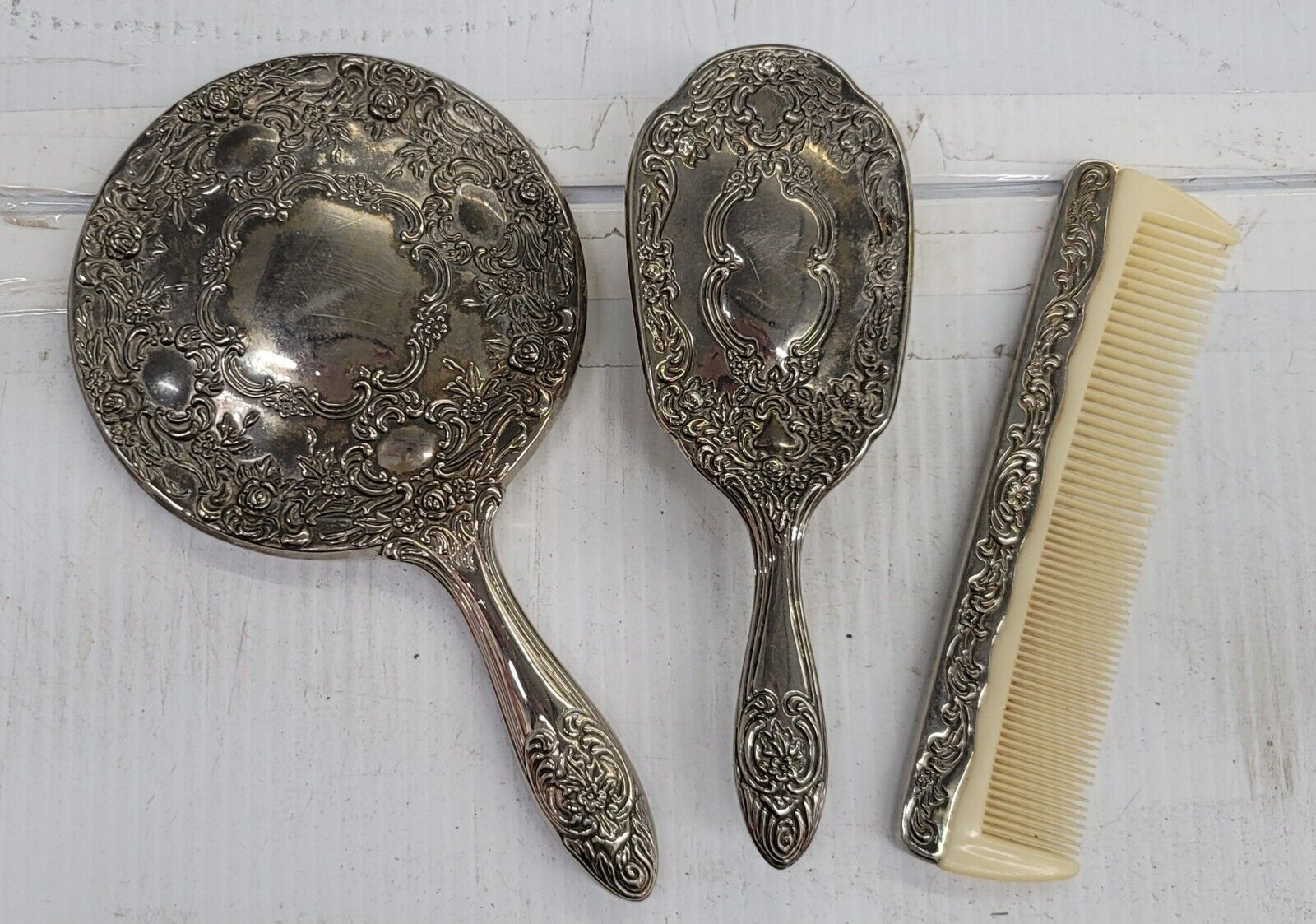 Vintage Silver Plated Rose Scroll Hand Mirror, Brush and Comb Vanity Set