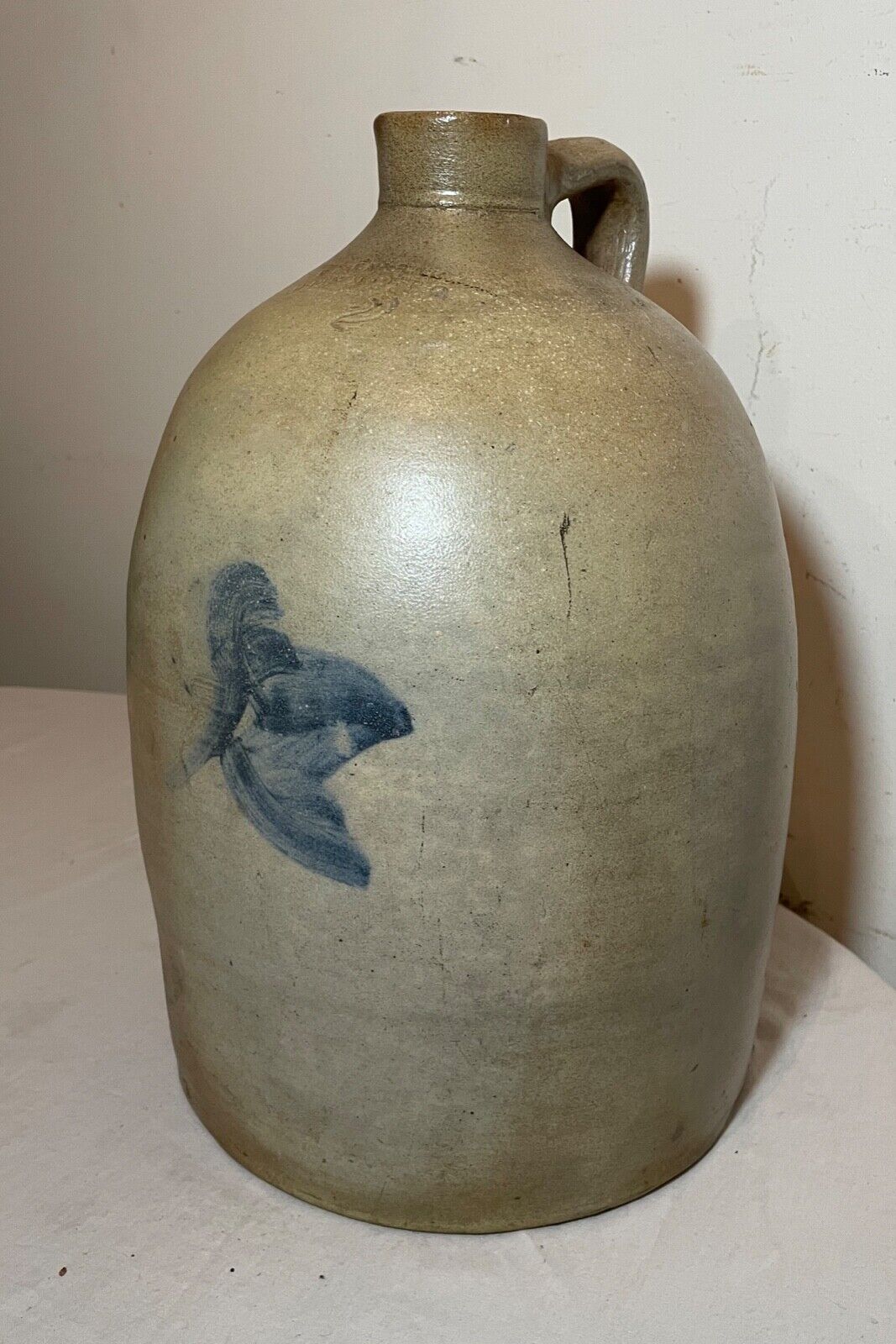 Antique 1800's E.L. Farrar handmade stoneware salt glazed cobalt pottery 2g. jug