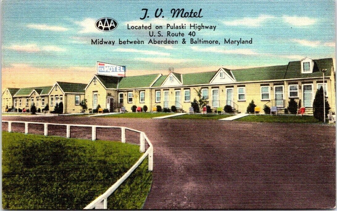 Postcard Linen, J. V. Motel Pulaski Highway  Rte 40 Bradshaw Maryland