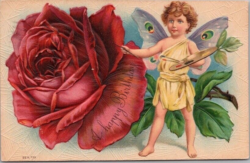 1910 HAPPY BIRTHDAY Embossed Postcard / Fairy with Butterfly Wings / Red Rose